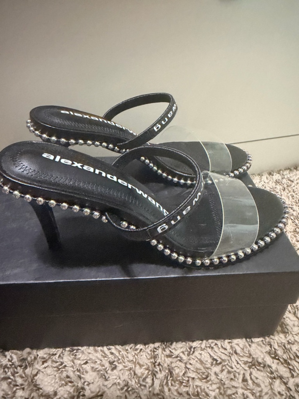 Black & Clear Beaded Strap Heeled Sandals